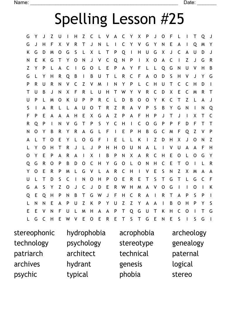 Spelling Lesson #25 Word Search