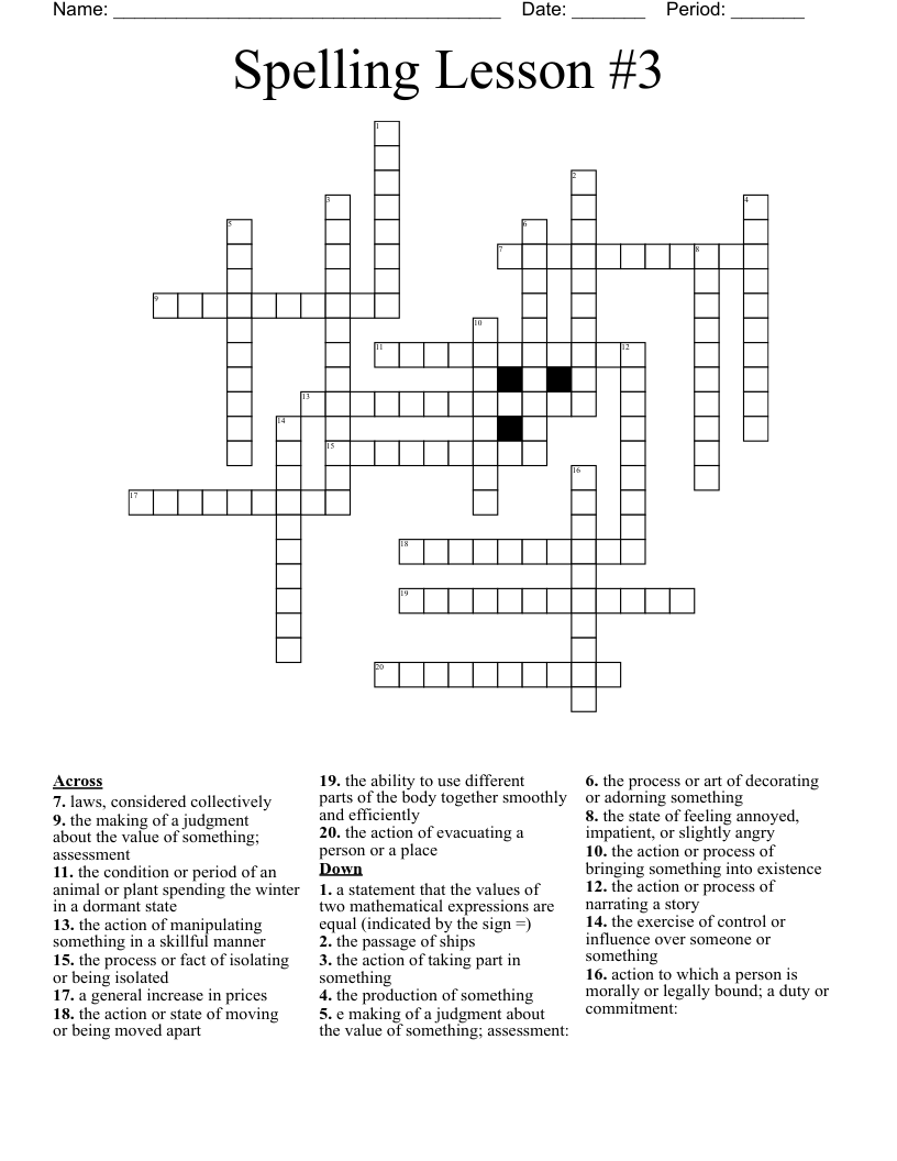 Spelling Lesson #3 Crossword