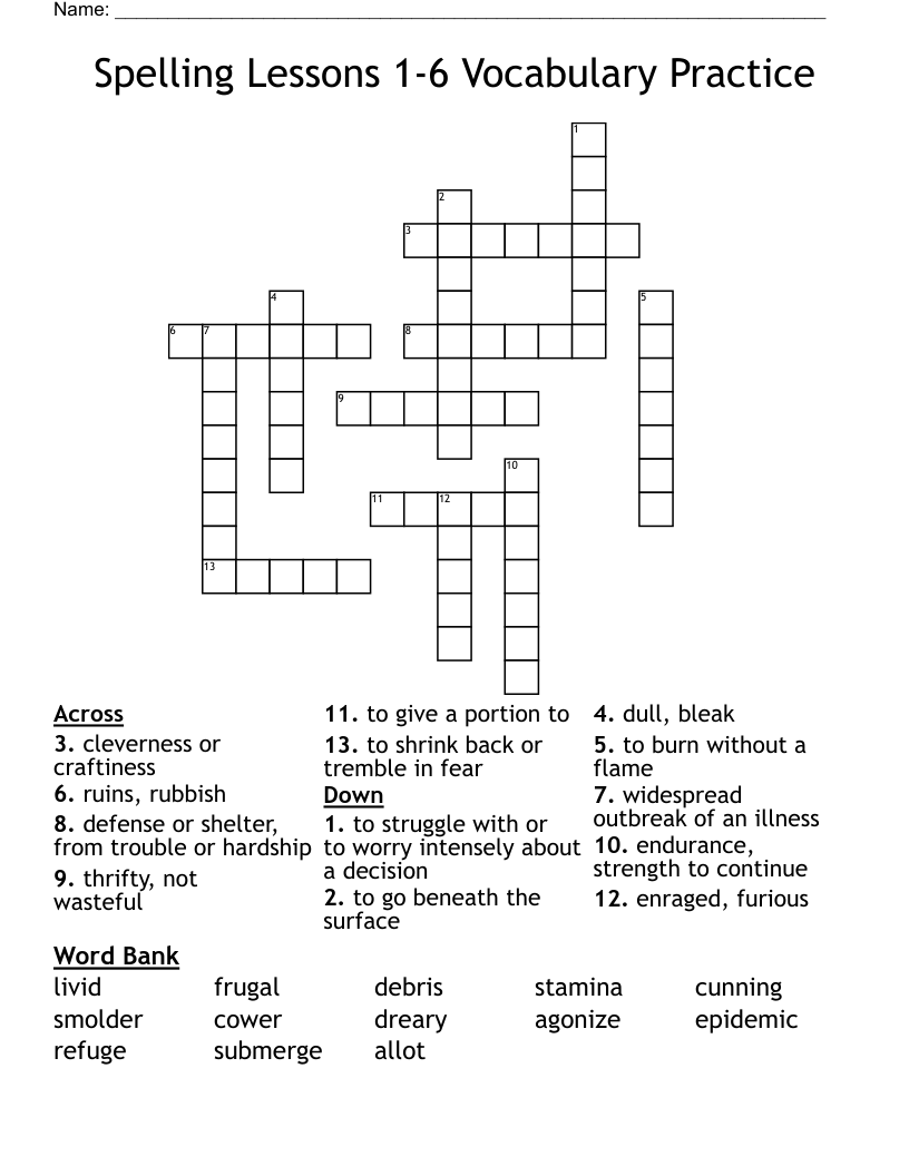 Spelling Lessons 1-6 Vocabulary Practice Crossword