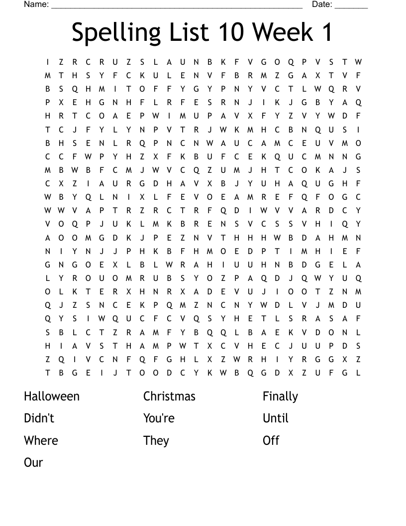 Spelling List 10 Week 1 Word Search