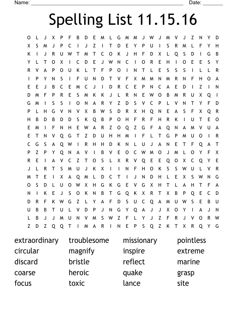 Spelling List 11.15.16 Word Search