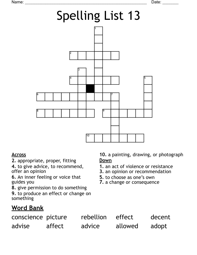 Spelling List 13 Crossword