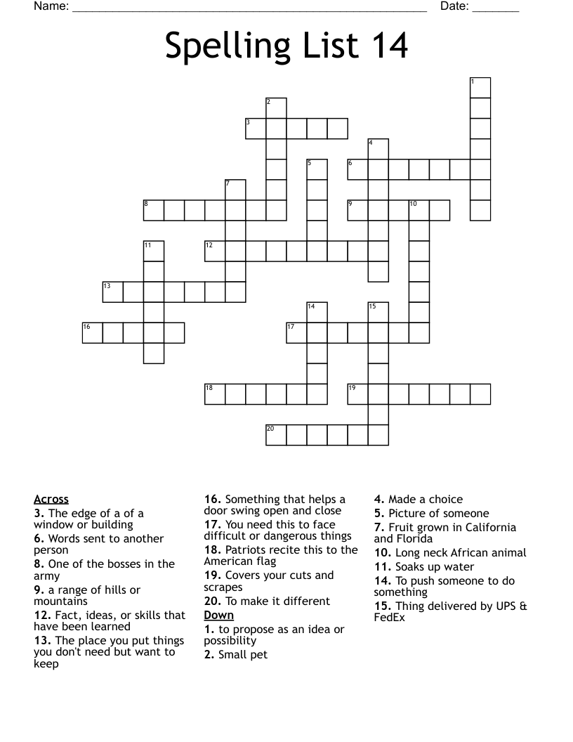 Spelling List 14 Crossword