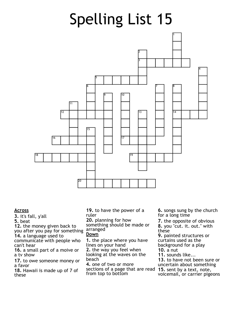 Spelling List 15 Crossword