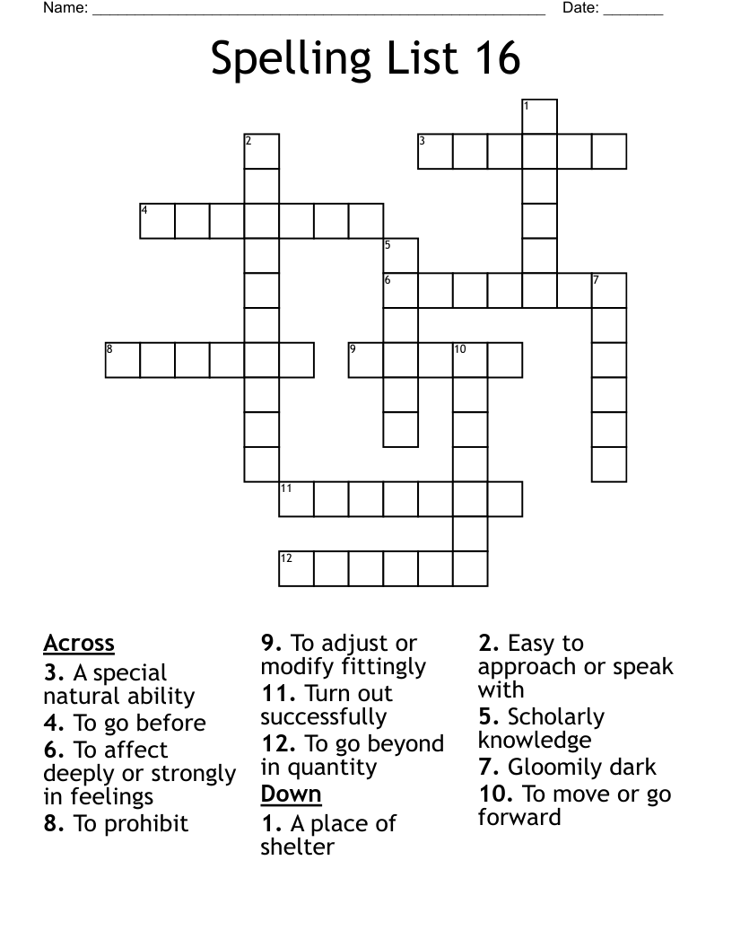 Spelling List 16 Crossword
