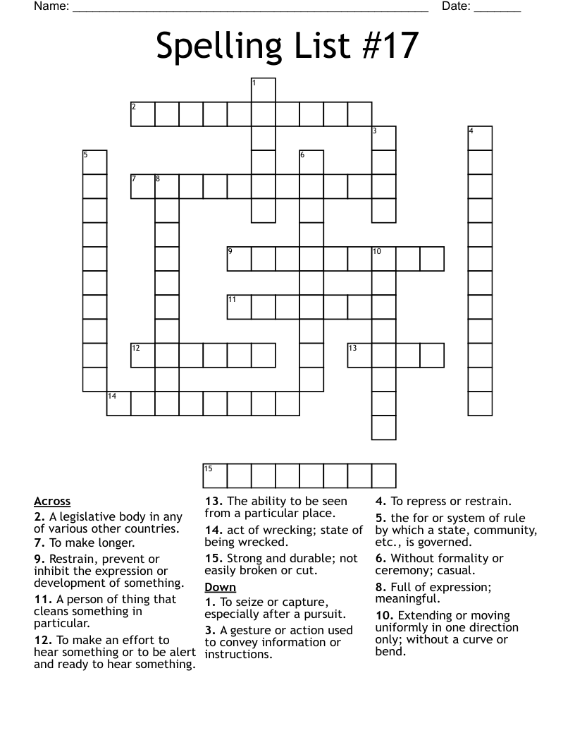 Spelling List #17 Crossword