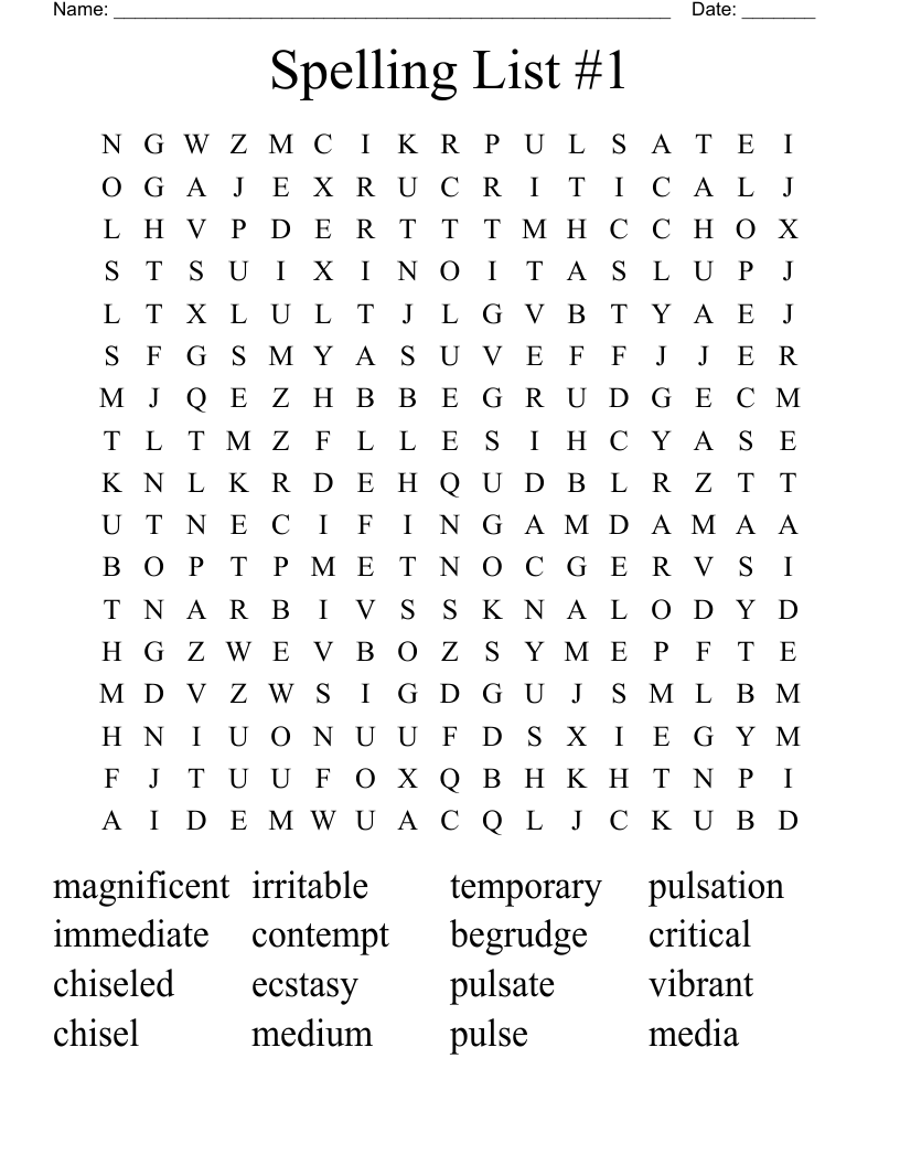 Spelling List #1 Word Search
