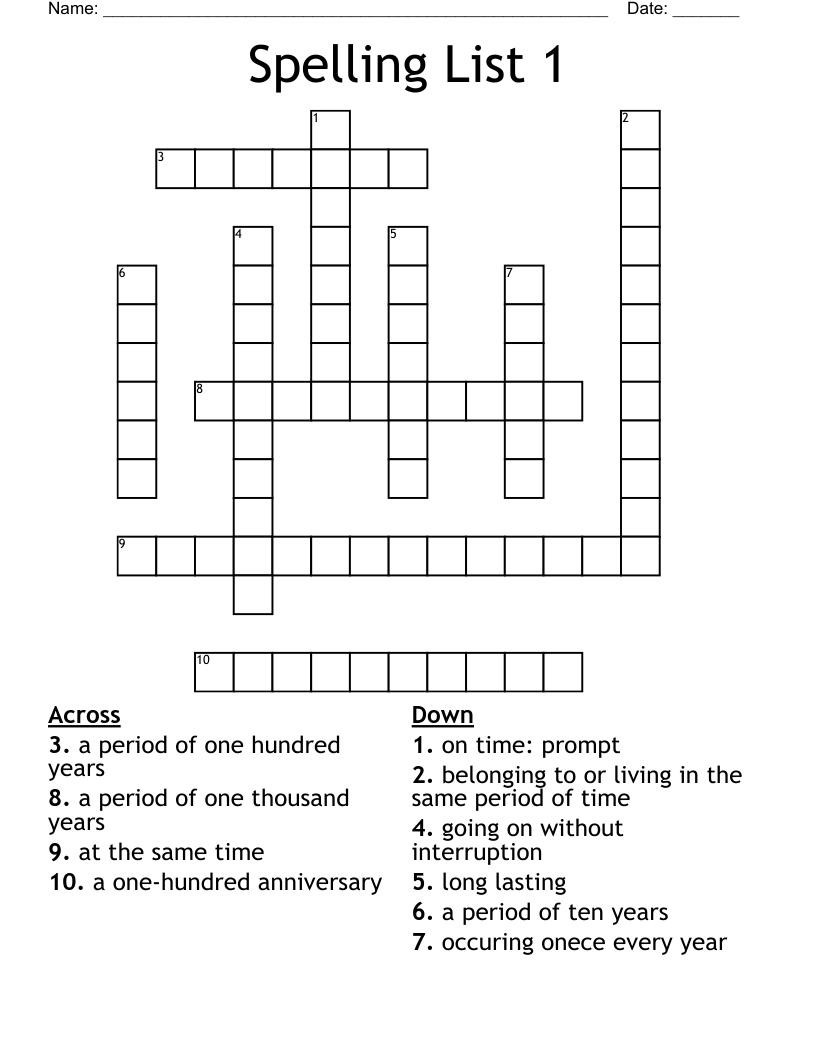 Spelling List 1 Crossword