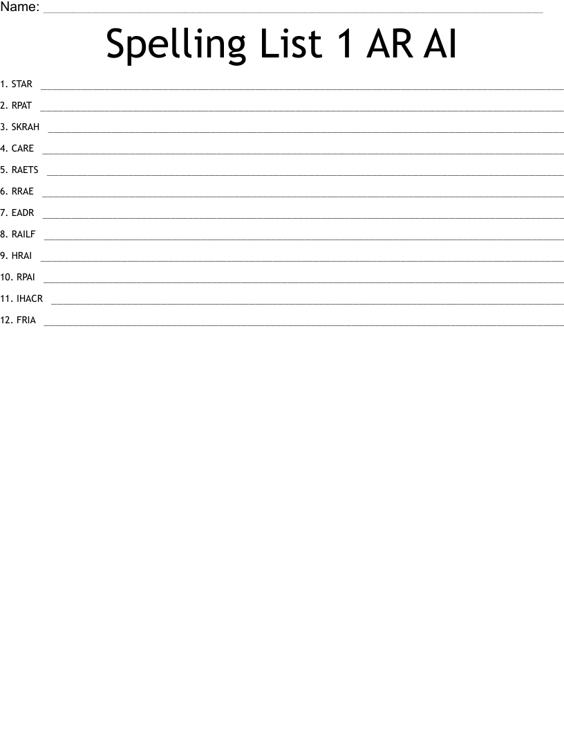Spelling List 1 AR AI Word Scramble
