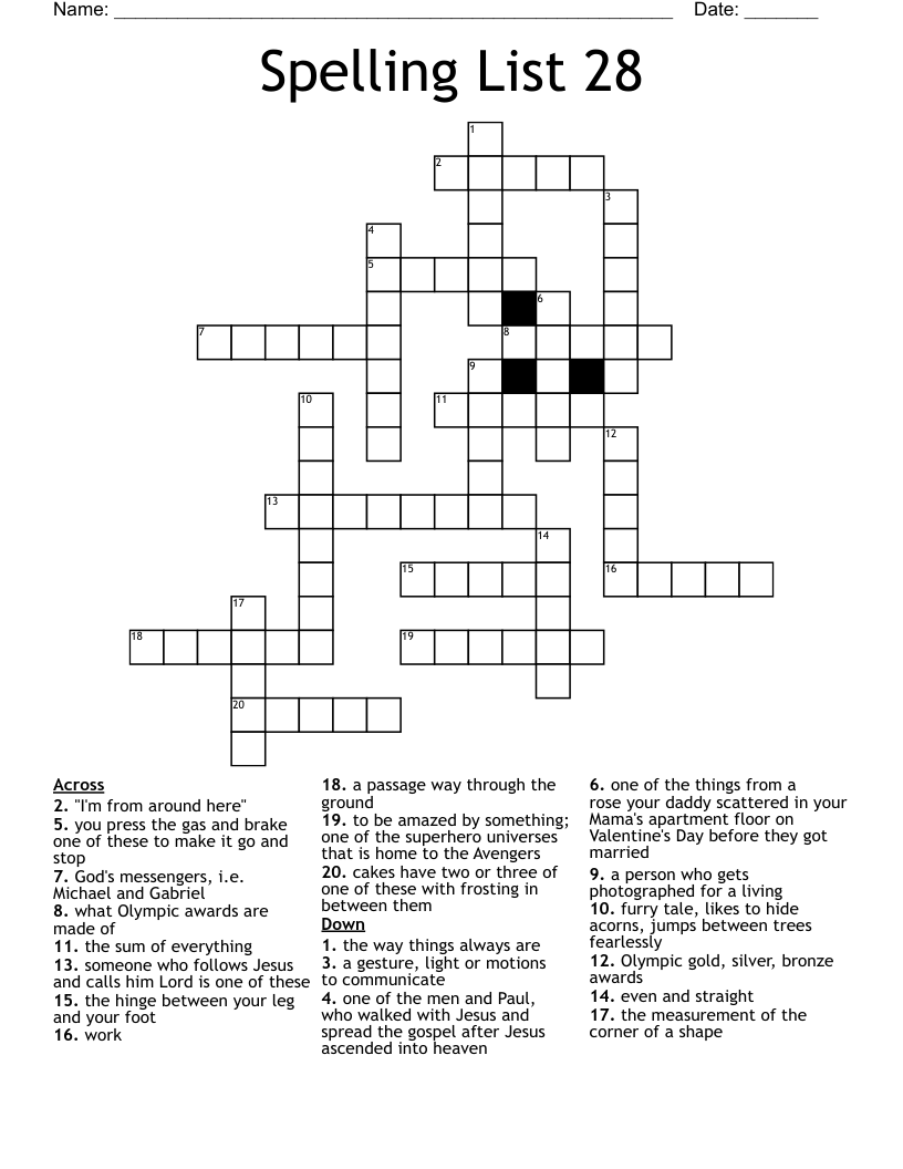 Spelling List 28 Crossword