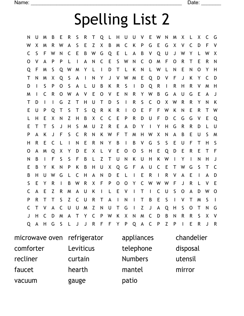 Spelling List 2 Word Search