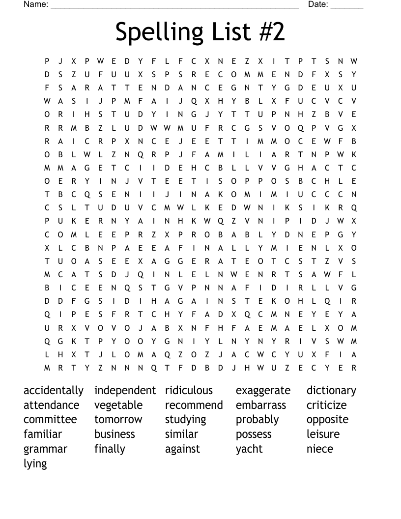 Spelling List #2 Word Search