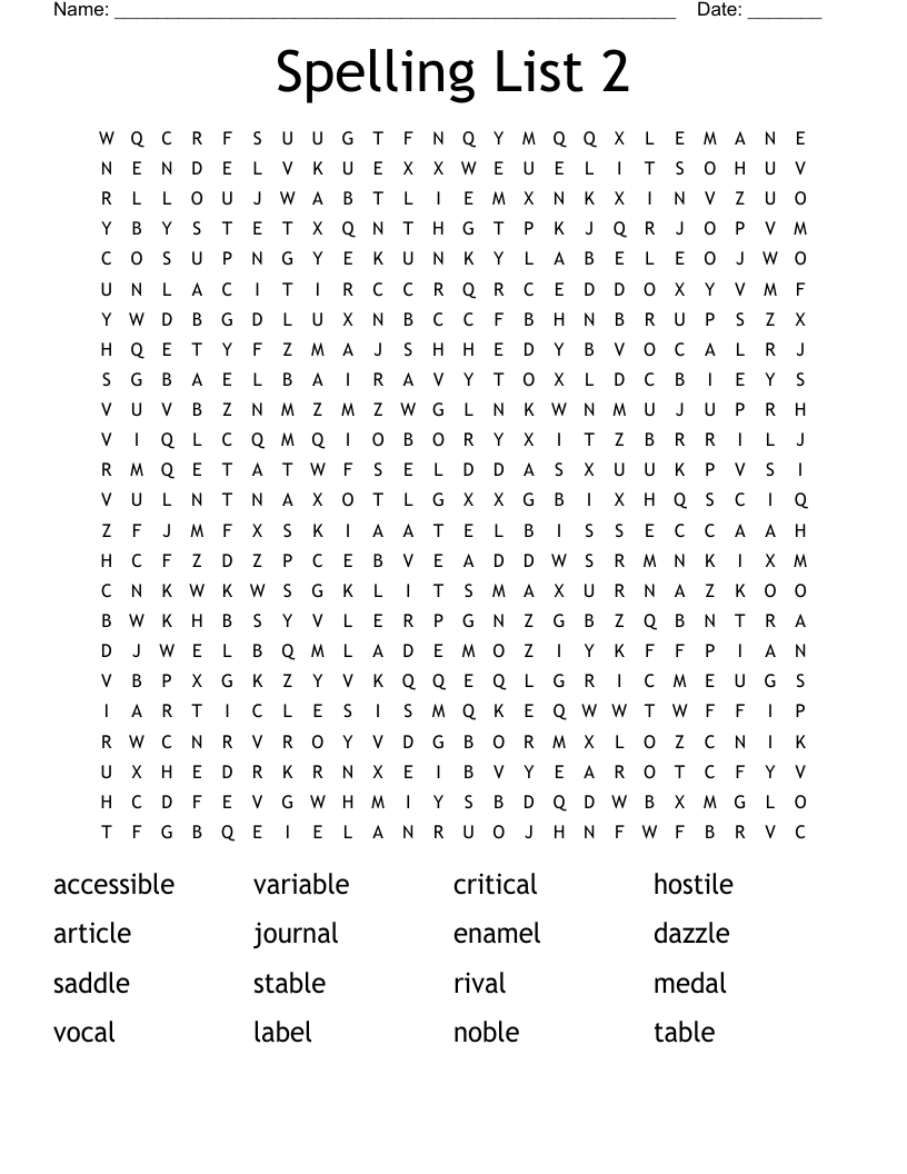 Spelling List 2 Word Search