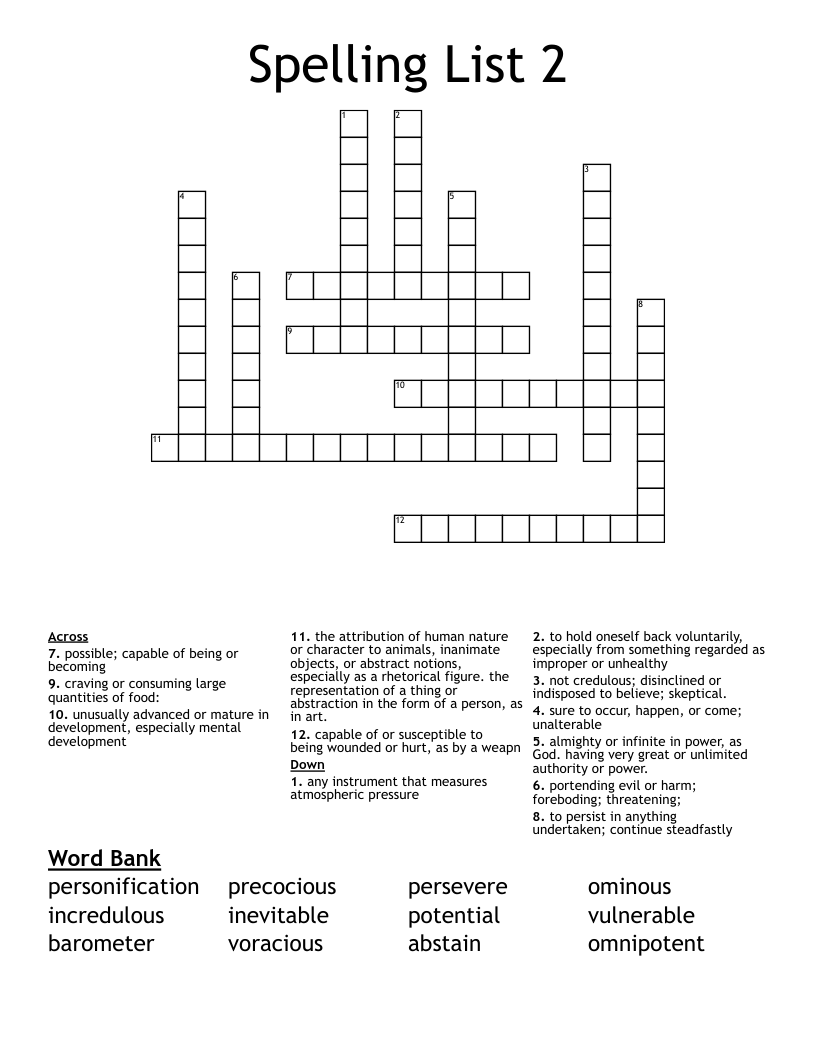 Spelling List 2 Crossword