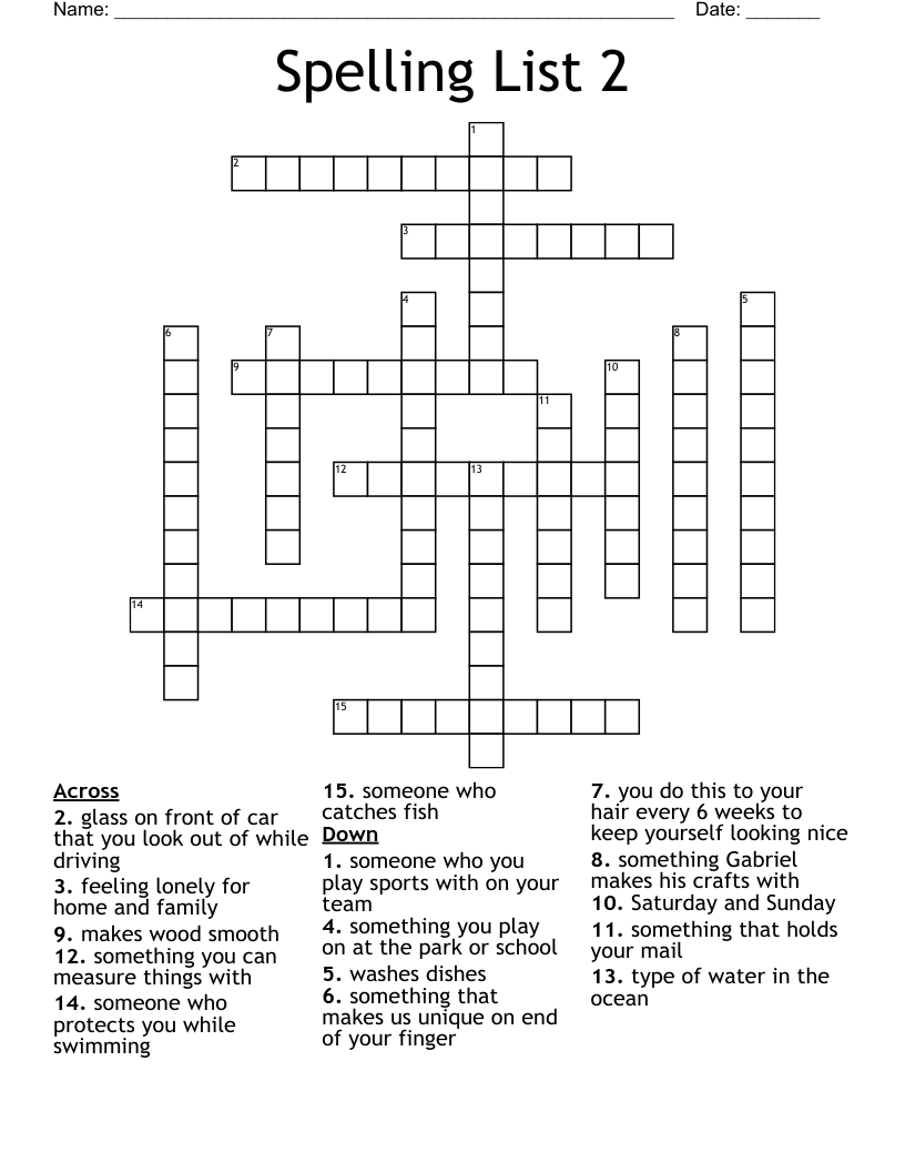 Spelling List 2 Crossword