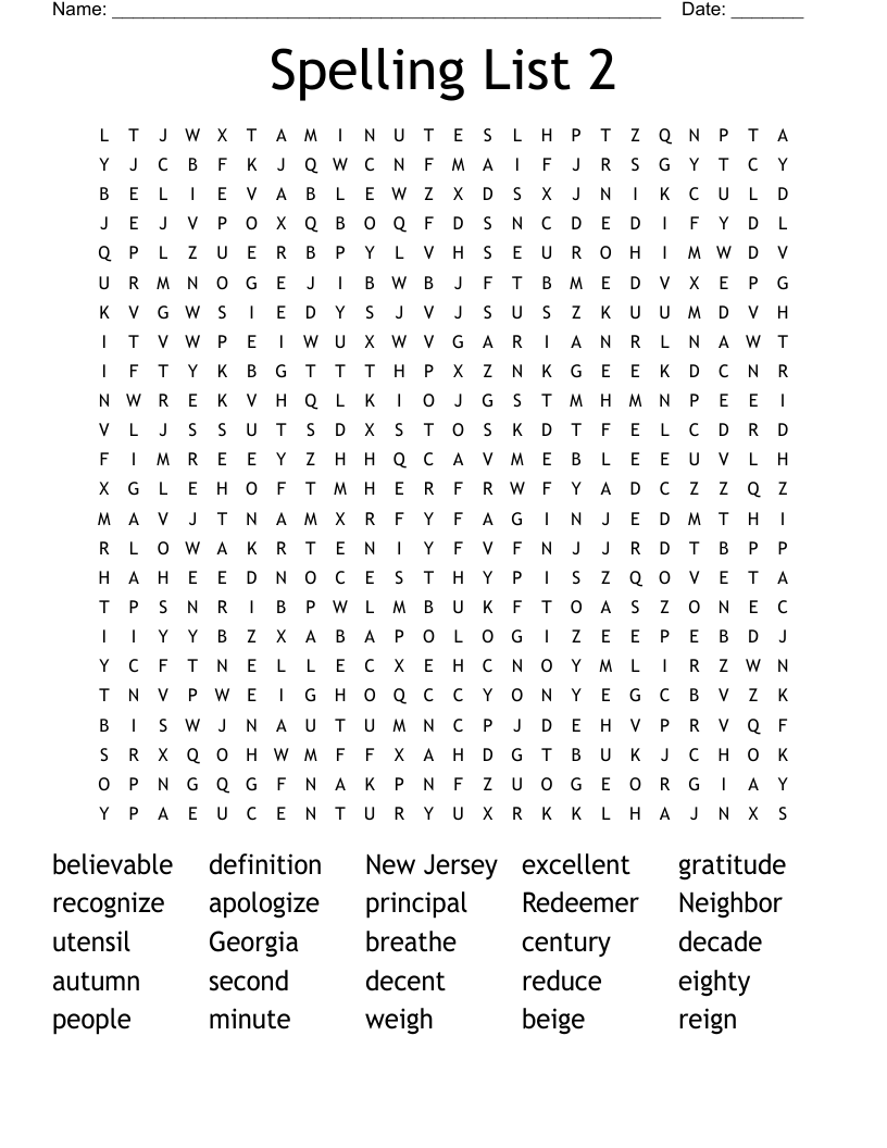 Spelling List 2 Word Search