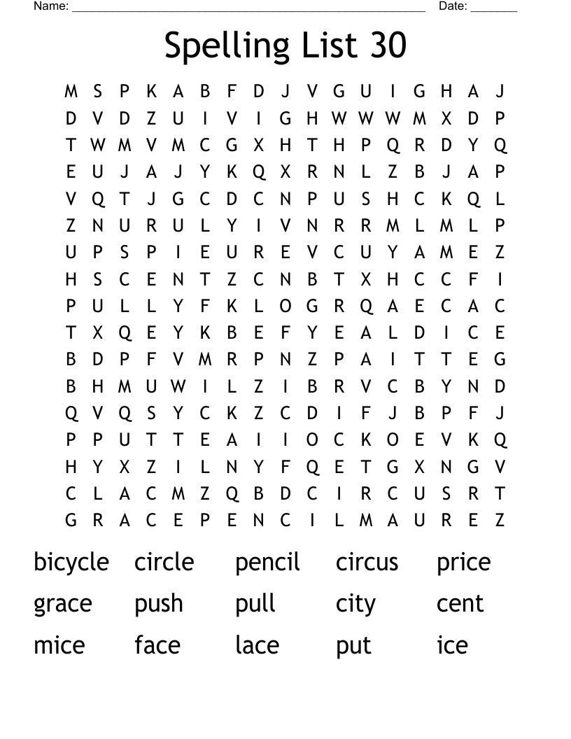 Spelling List 30 Word Search