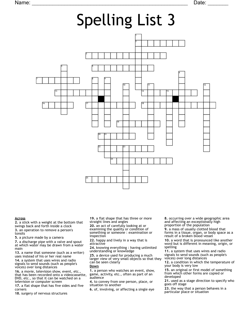 Spelling List 3 Crossword