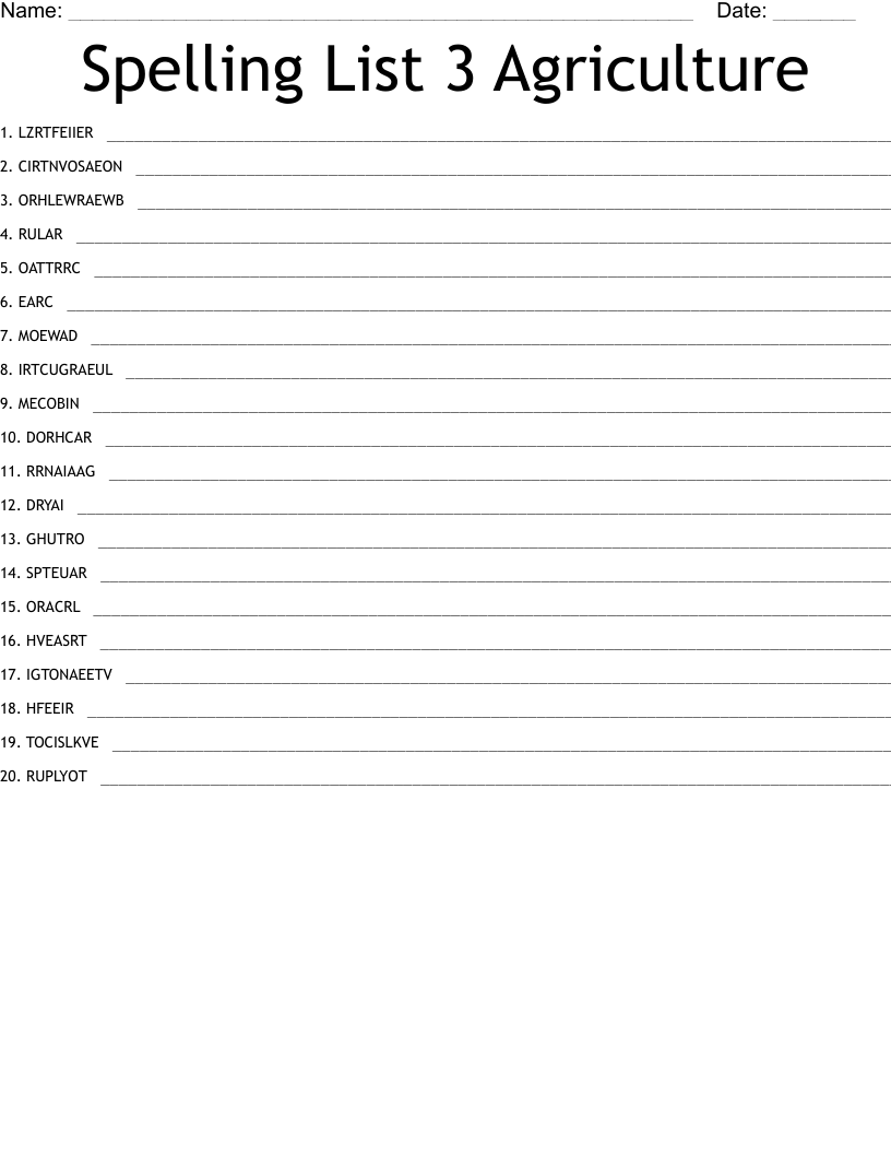 Spelling List 3 Agriculture Word Scramble