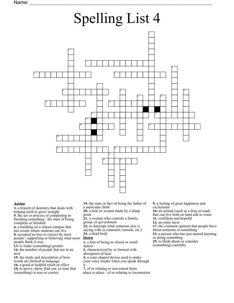 Spelling List 4 Crossword