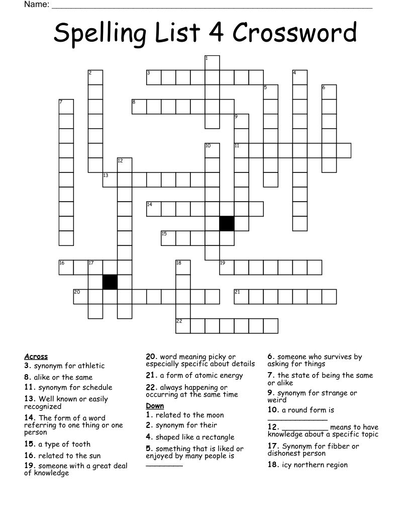 Spelling List 4 Crossword