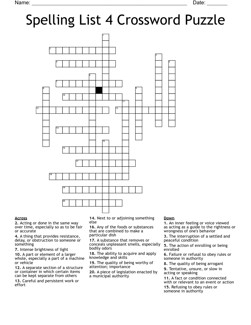 Spelling List 4 Crossword Puzzle