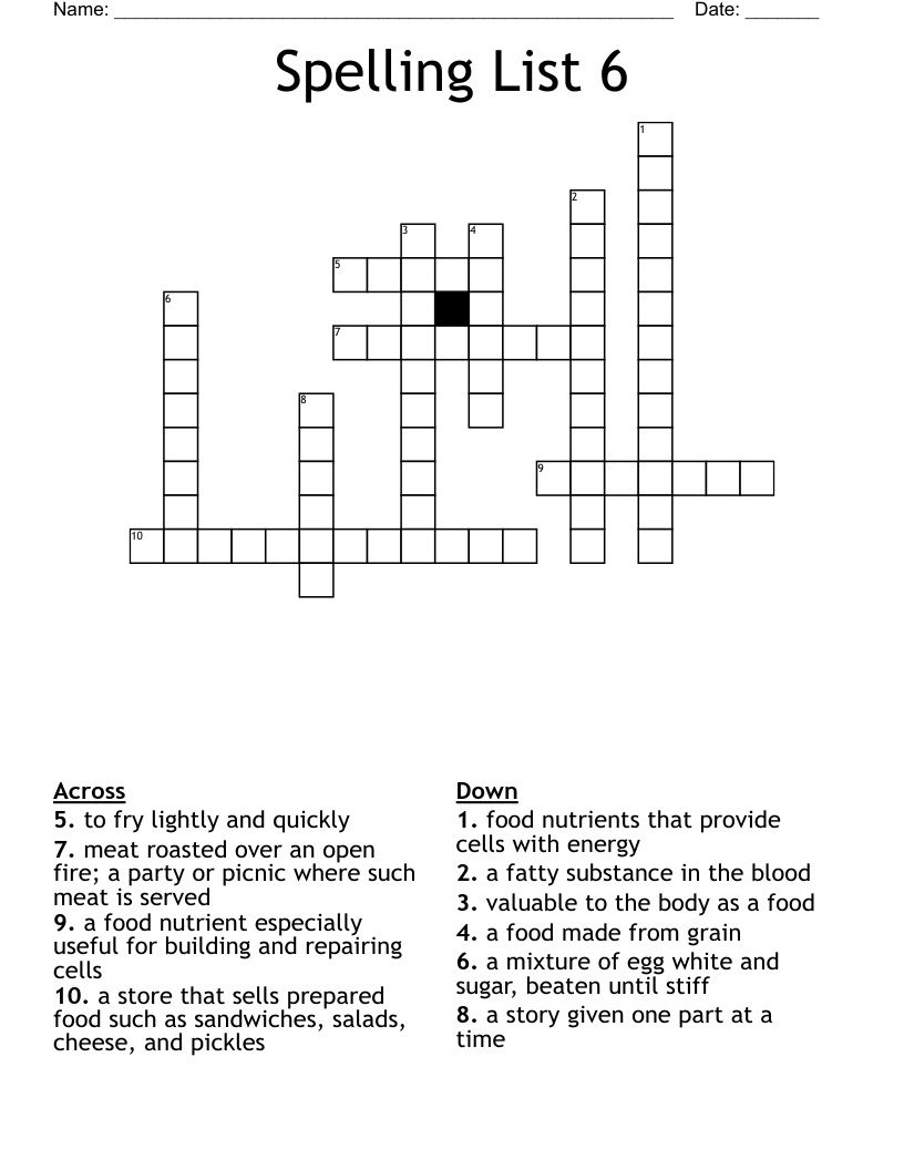 Spelling List 6 Crossword