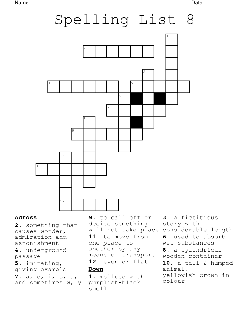 Spelling List 8 Crossword