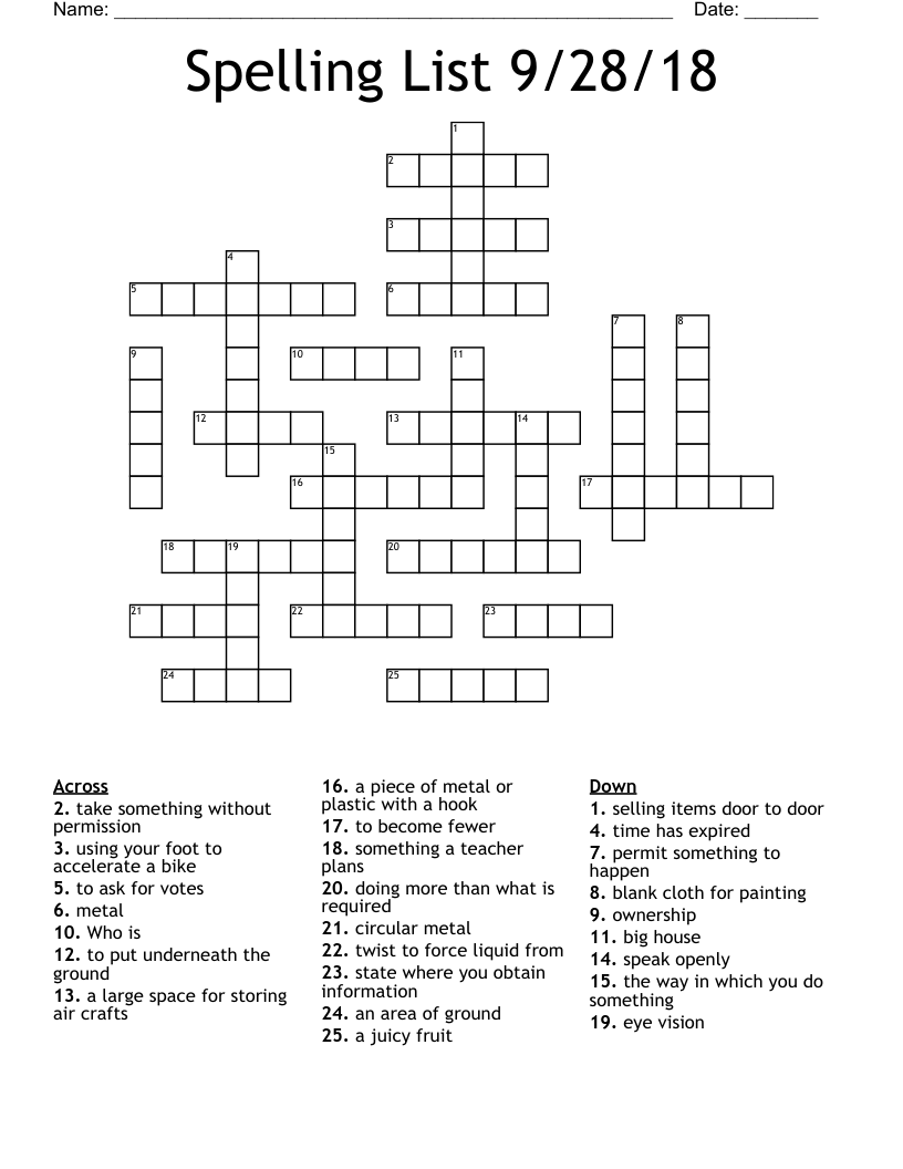 Spelling List 9/28/18 Crossword
