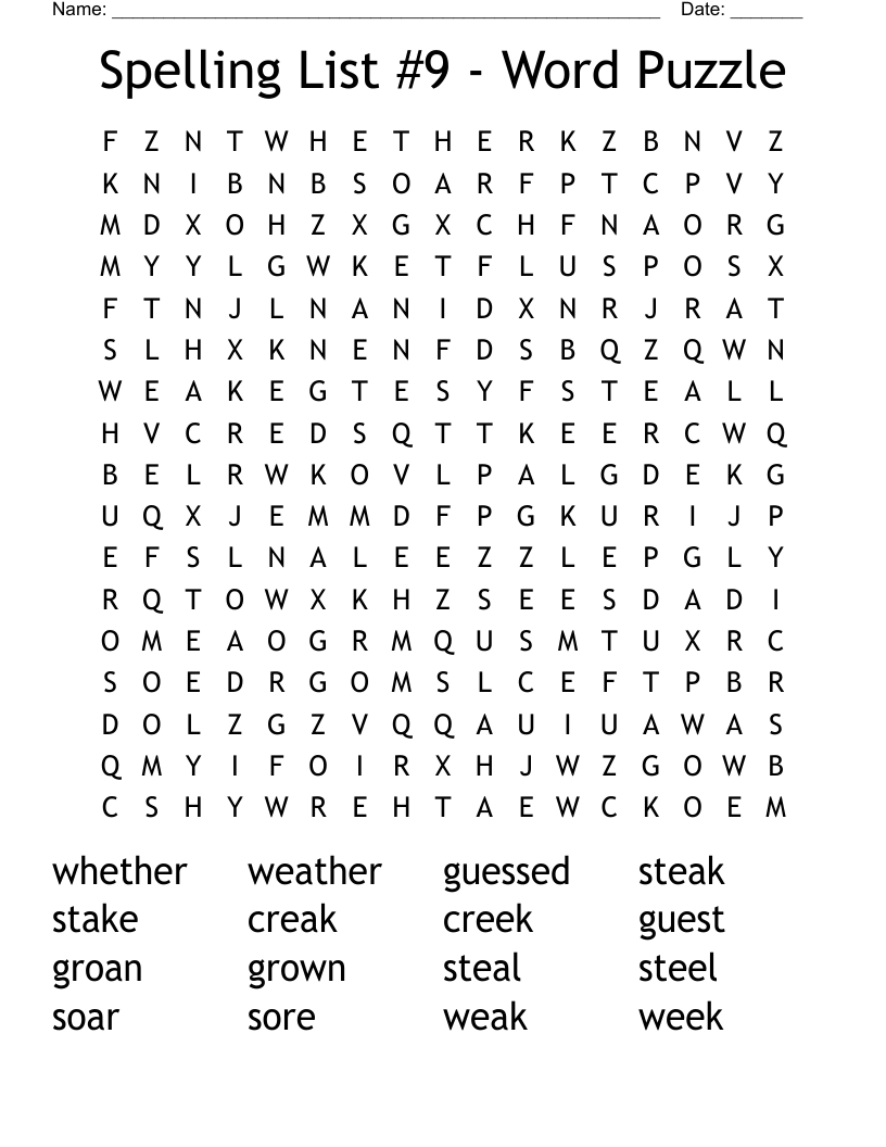 Spelling List #9 -  Word Puzzle Word Search
