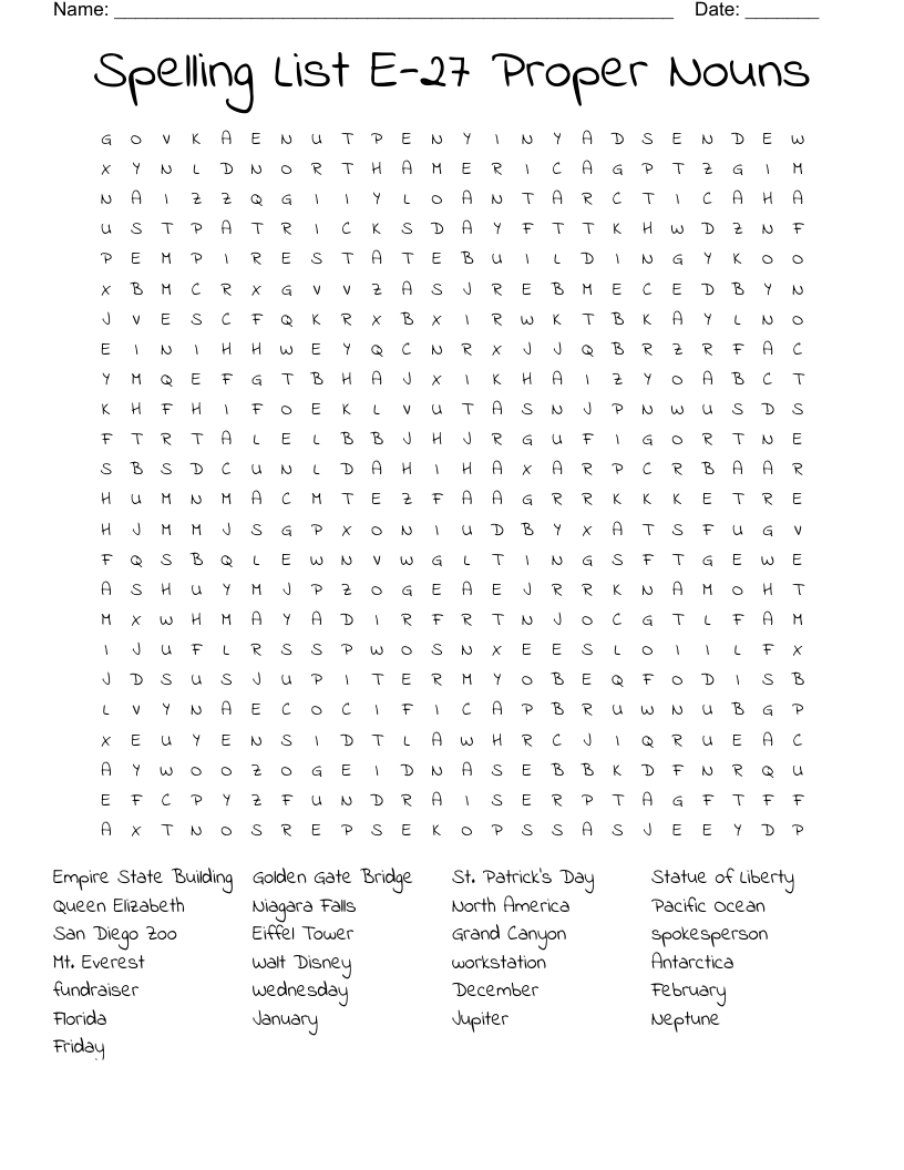Spelling List E-27 Proper Nouns Word Search