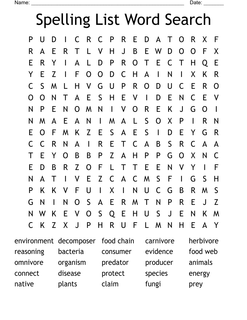 Spelling List Word Search