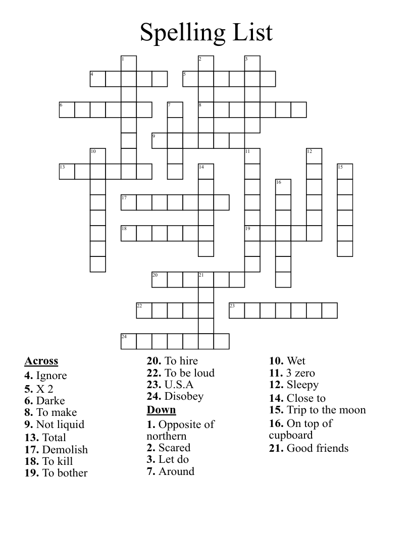 Spelling List  Crossword