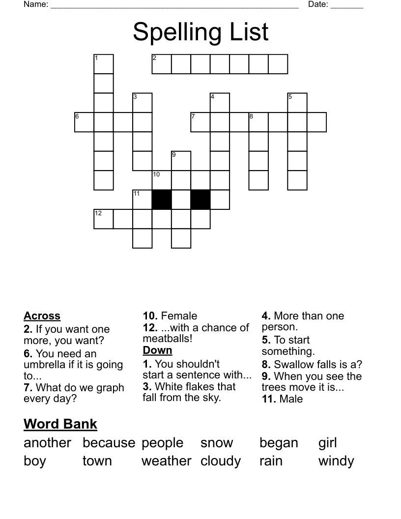 Spelling List  Crossword