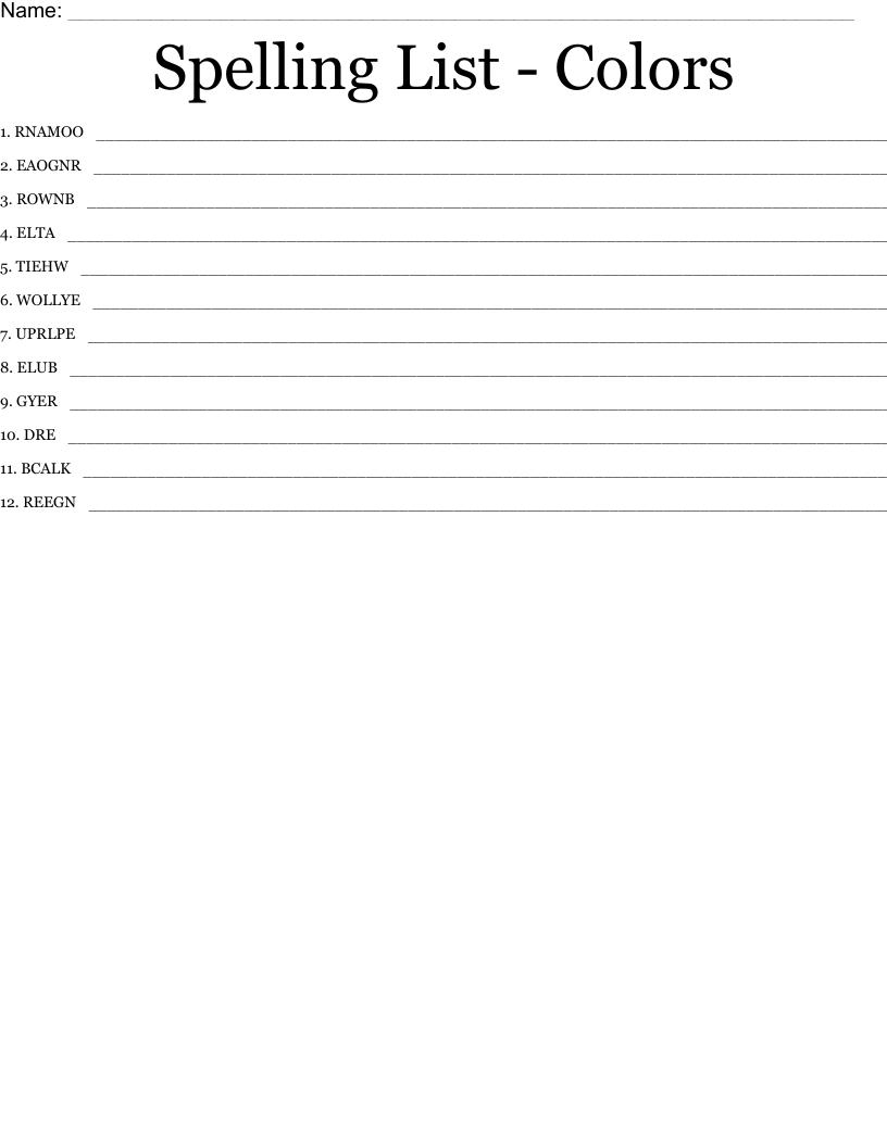 Spelling List - Colors Word Scramble