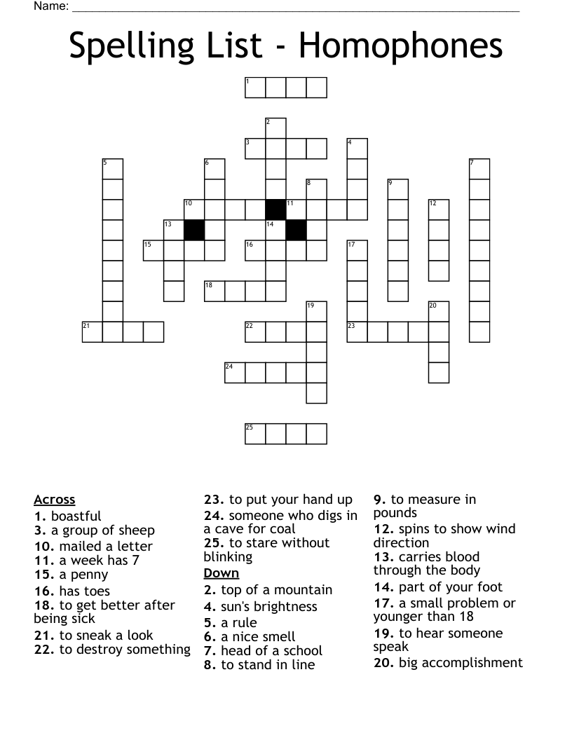 Spelling List - Homophones Crossword