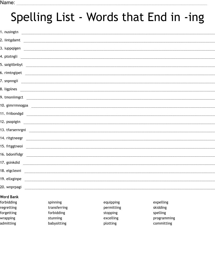Spelling List - Words that End in -ing Word Scramble
