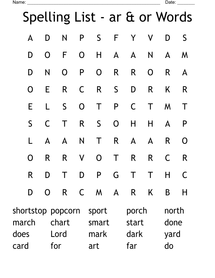 Spelling List - ar & or Words Word Search