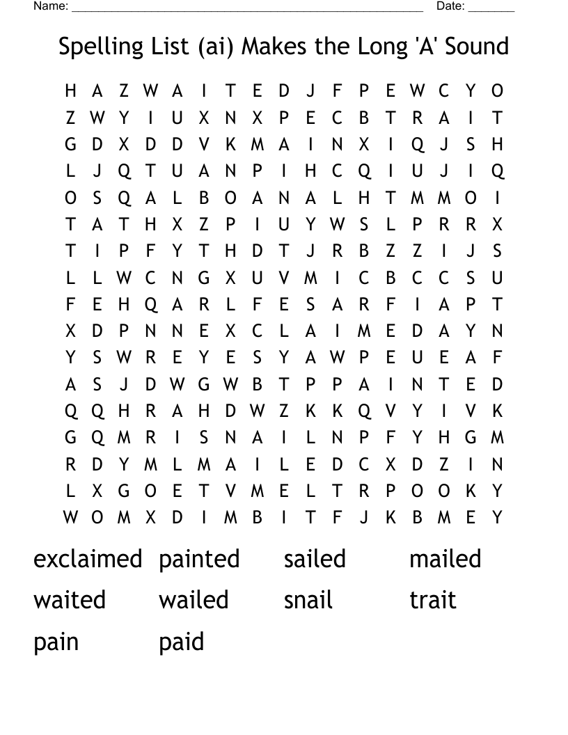 Spelling List (ai) Makes the Long 'A' Sound Word Search