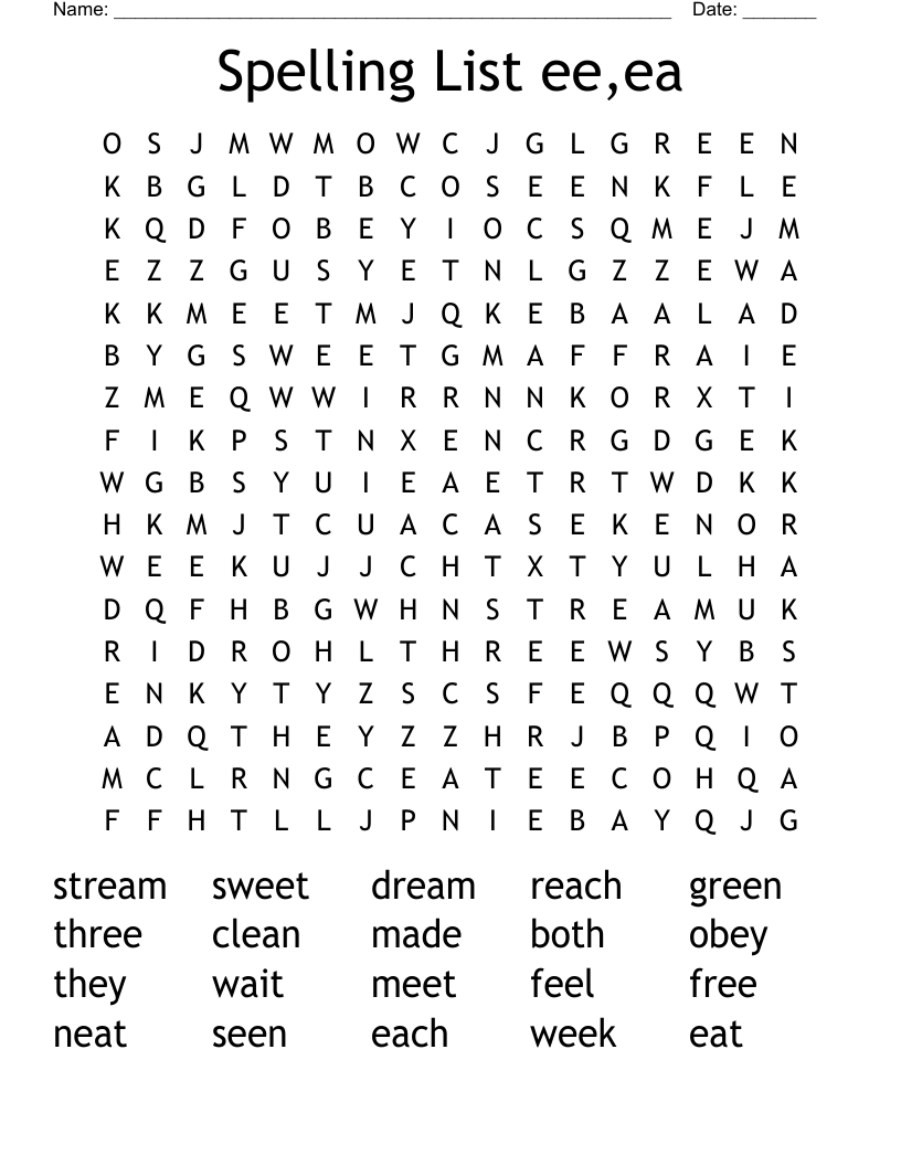 Spelling List ee,ea Word Search