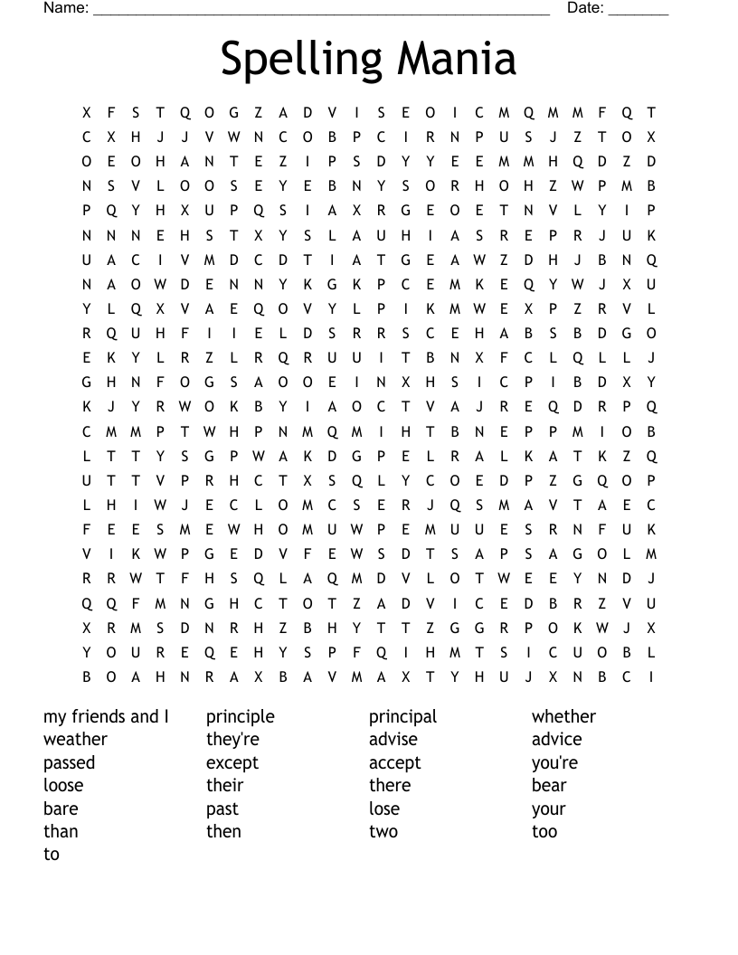 Spelling Mania Word Search