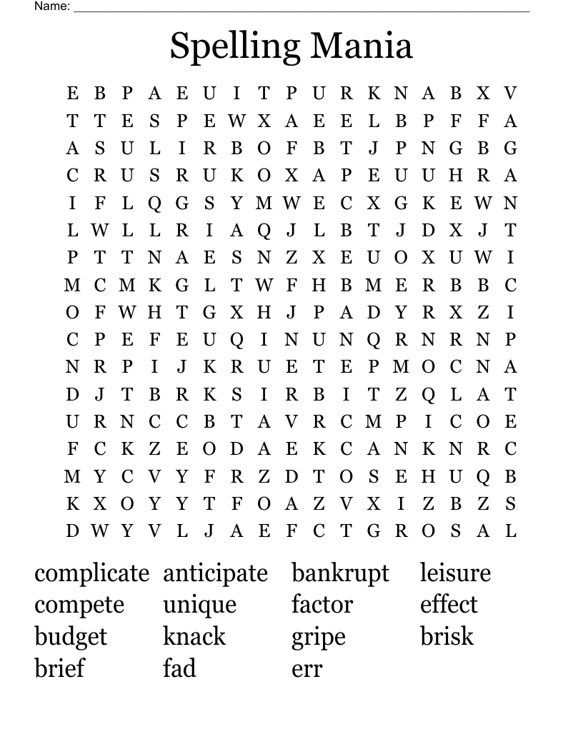 Spelling Mania Word Search