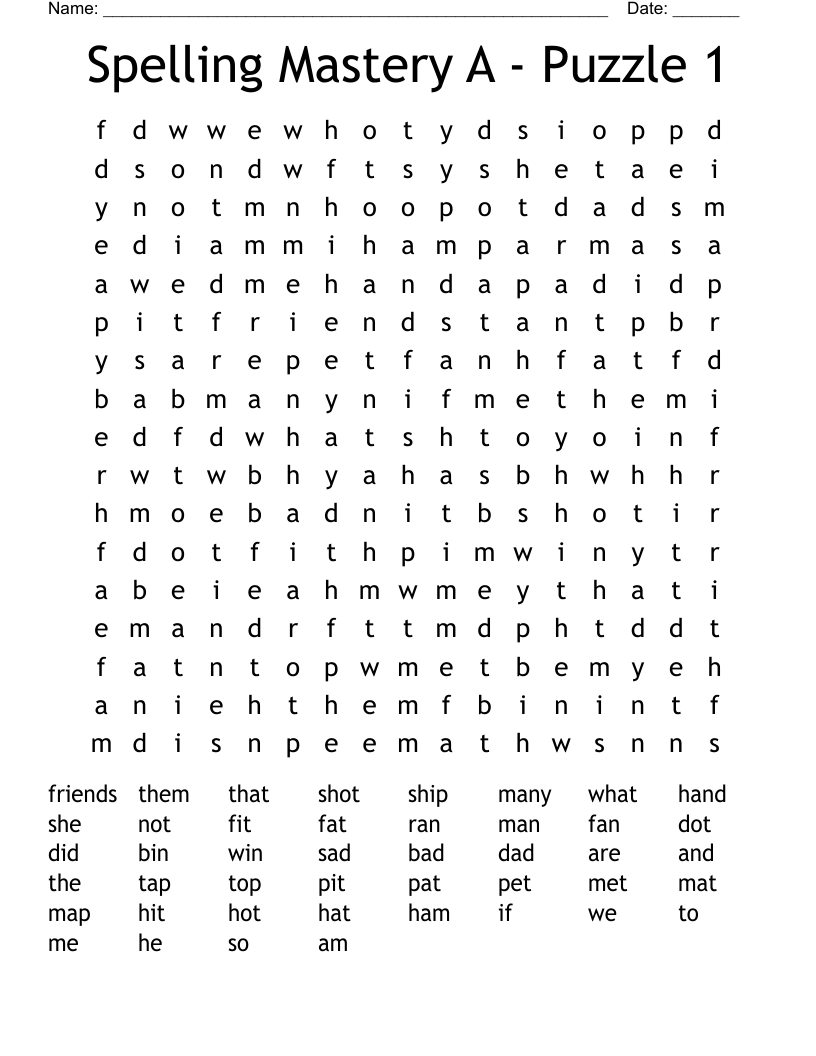 Spelling Mastery A - Puzzle 1 Word Search
