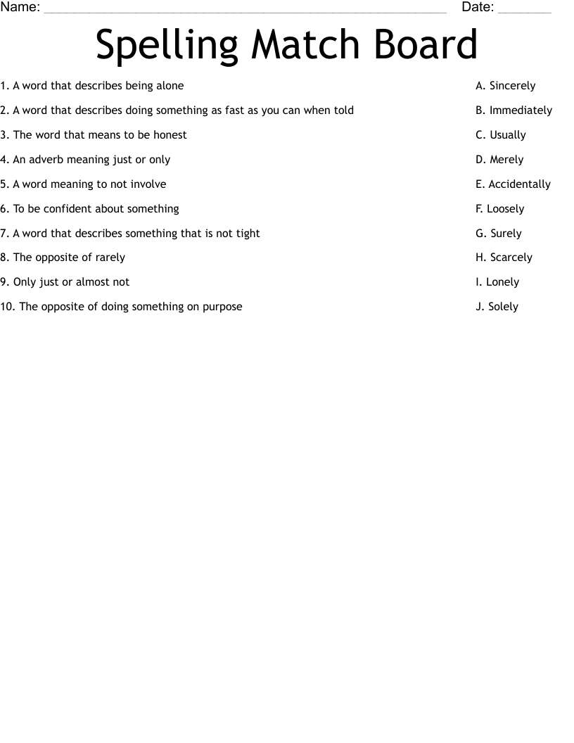 Spelling Match Board Worksheet