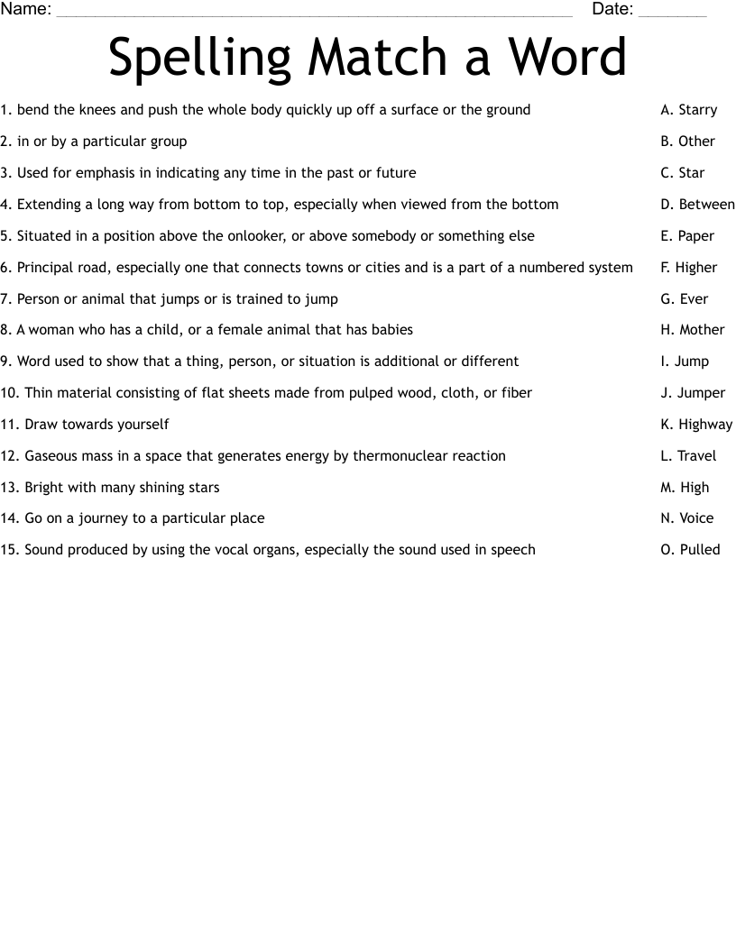 Spelling Match a Word Worksheet