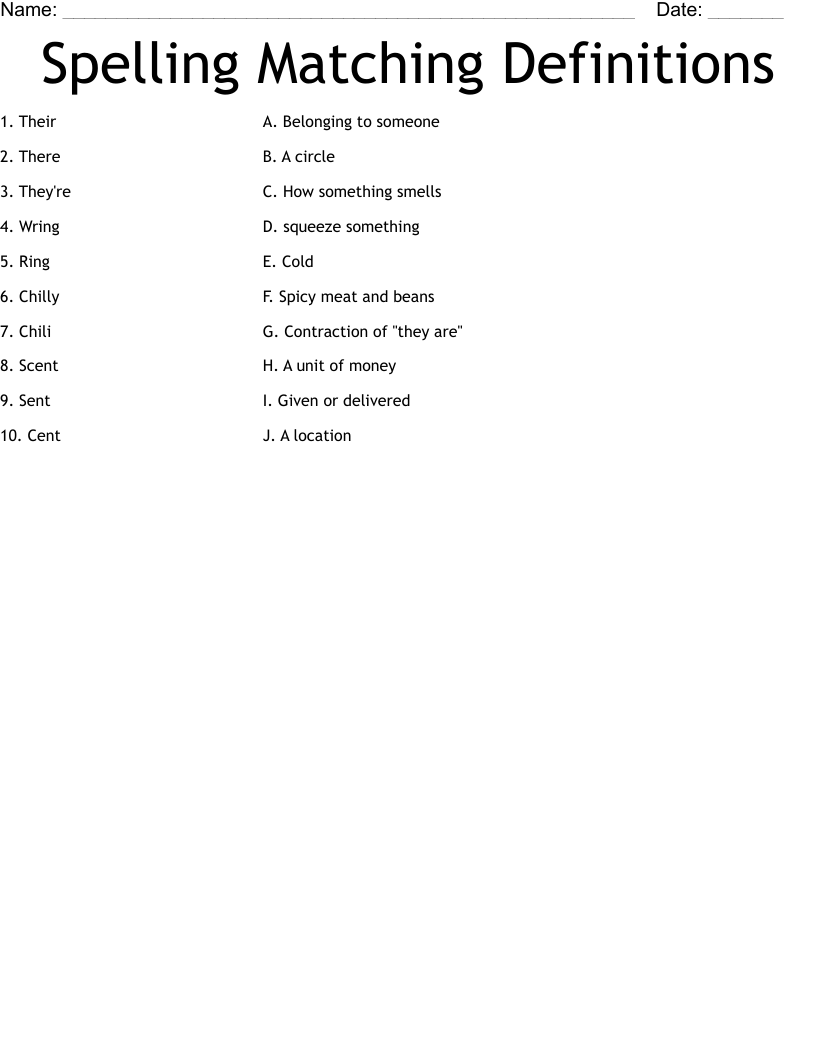 Spelling Matching Definitions Worksheet