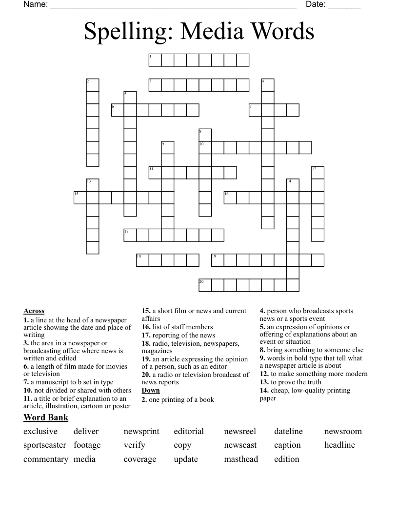 Spelling: Media Words Crossword