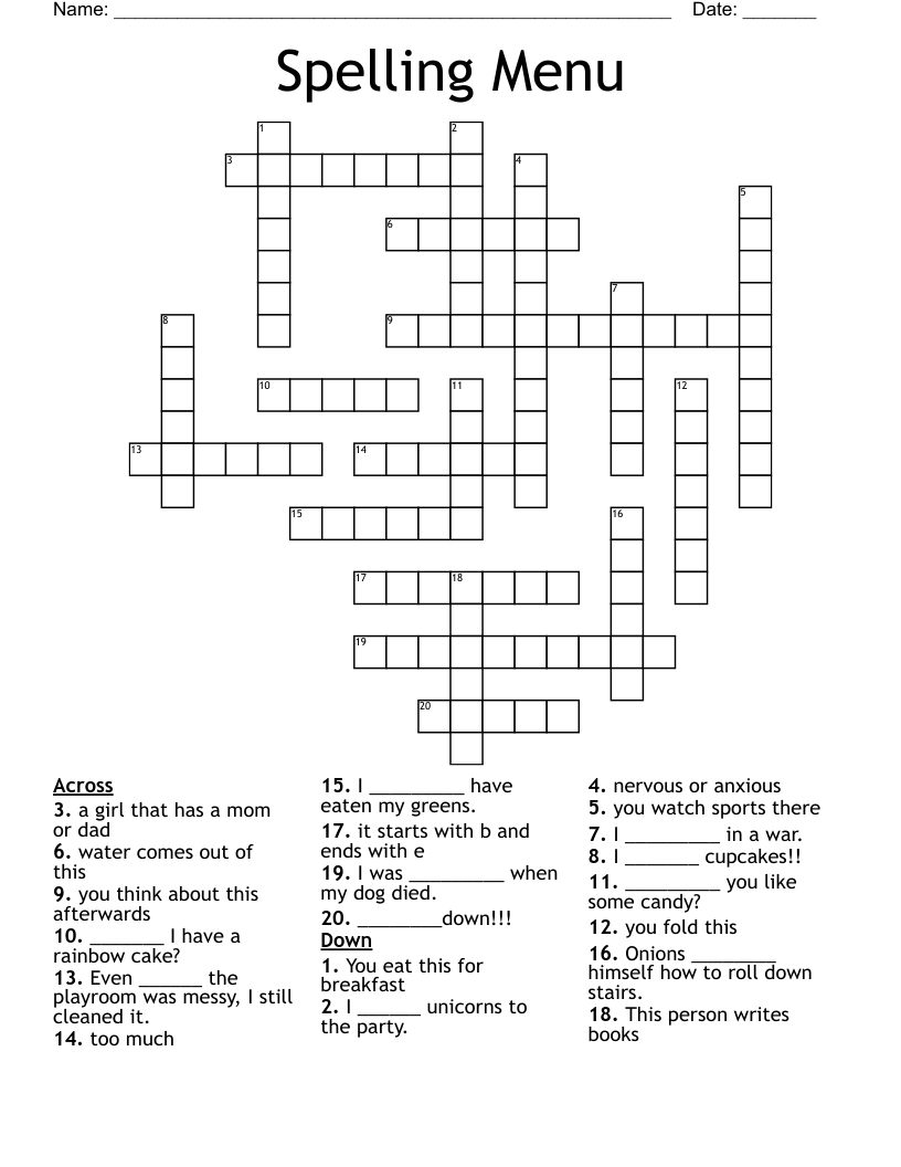 Spelling Menu Crossword