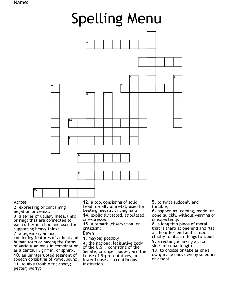 Spelling Menu Crossword