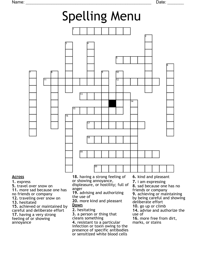 Spelling Menu Crossword